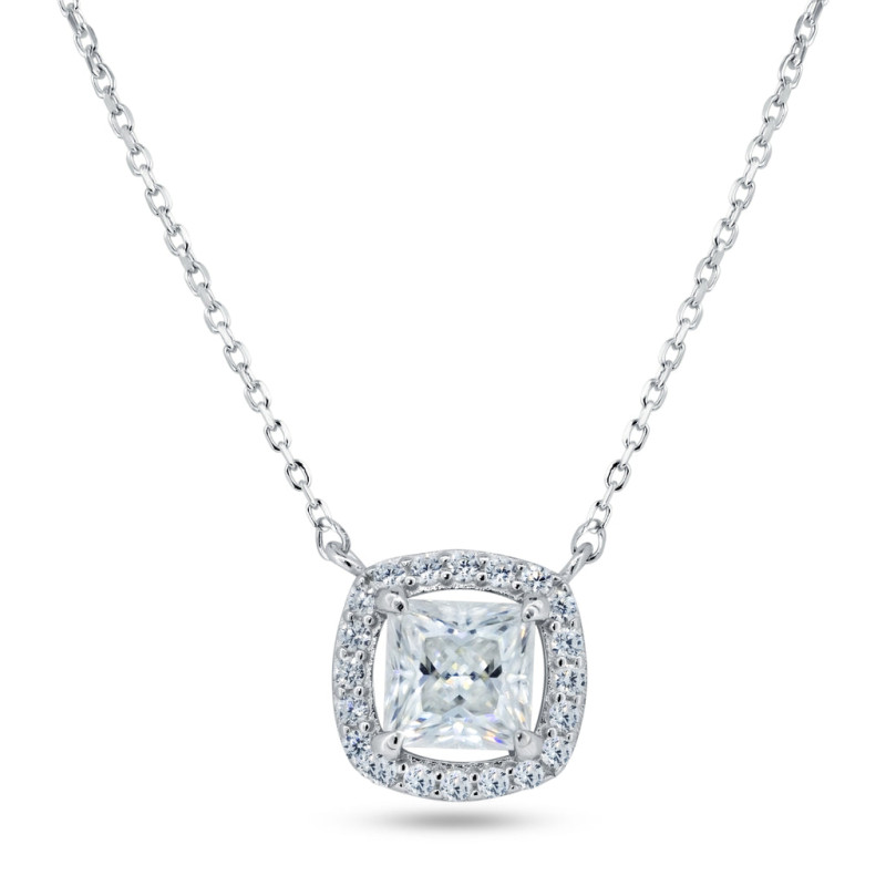 Silver Rhodium 925 Square Halo Moissanite Necklace