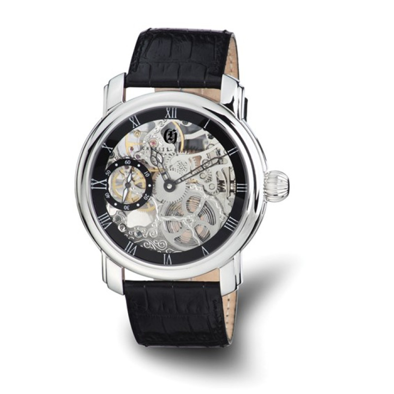 Mens Charles Hubert Leather Band Black Skeleton Dial Watch