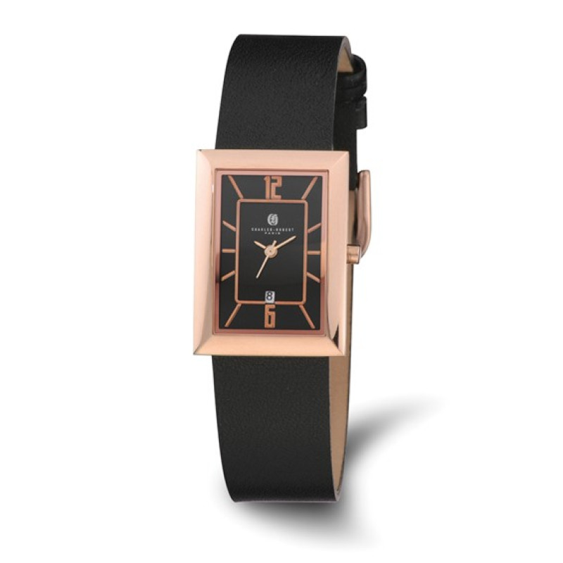 Charles Hubert Rose IP-plated Black Rectangle Dial Quartz Watch