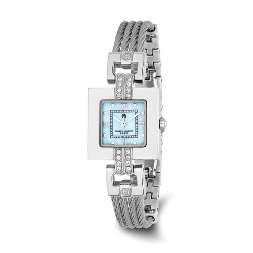 Charles Hubert Stainless Steel Wire Bangle Light Blue MOP Dial Watch