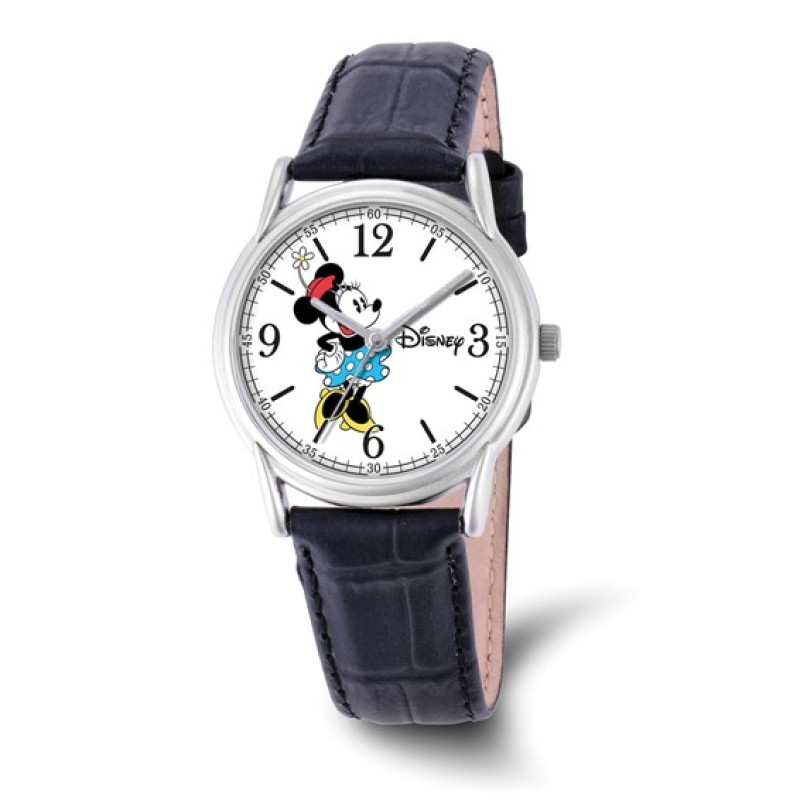 Disney Adult Size Black Leather Strap Minnie Mouse Watch