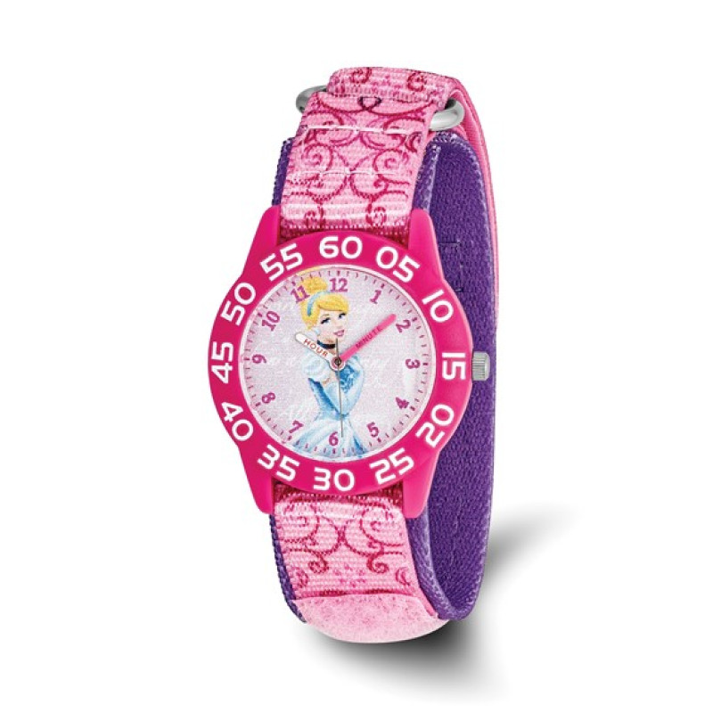 Disney Kids Cinderella Acrylic Case Pink Velcro Time Teacher Watch