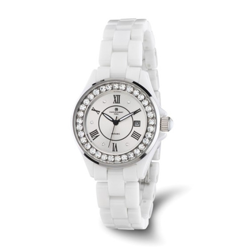 Ladies Charles Hubert Crystal Bezel White Ceramic Watch