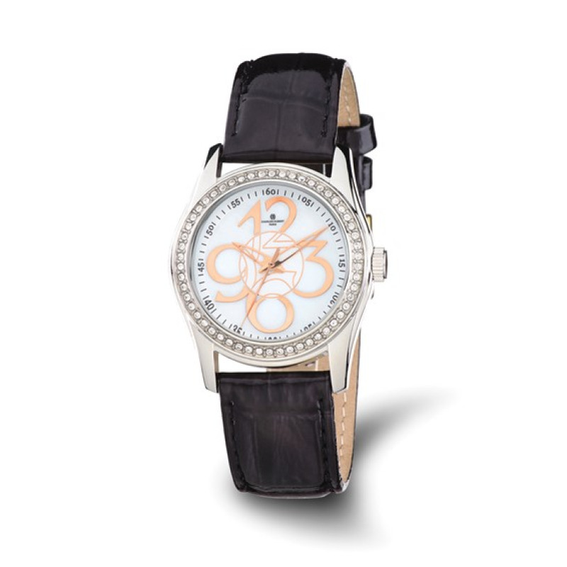 Ladies Charles Hubert Crystal Bezel Black Leather Watch