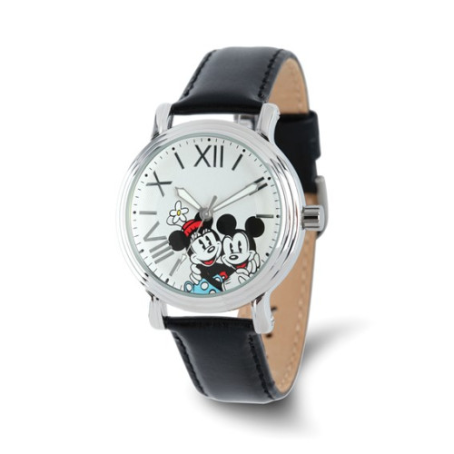 Disney Adult Size Black Leather Mickey and Minnie Watch