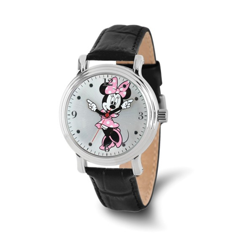 Disney Adult Size Black Leather Minnie Pink Dress Watch