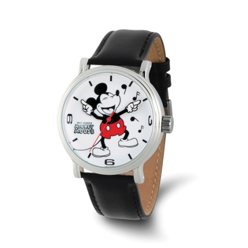 Disney Adult Laughing Mickey Mouse Black Leather Band Watch