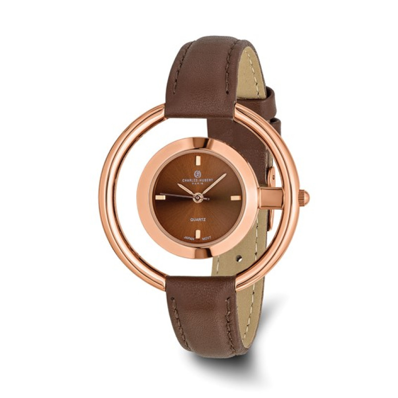 Ladies Charles Hubert Rose Finish Brass Brown Dial Modern Circle Watch