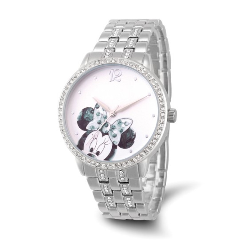 Disney Adult Minnie Mouse Crystal Bezel Silver-tone Watch