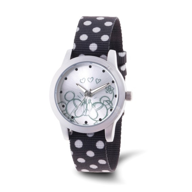 Disney Adult Minnie/Mickey Mouse Silver-tone Black Nylon Band Watch