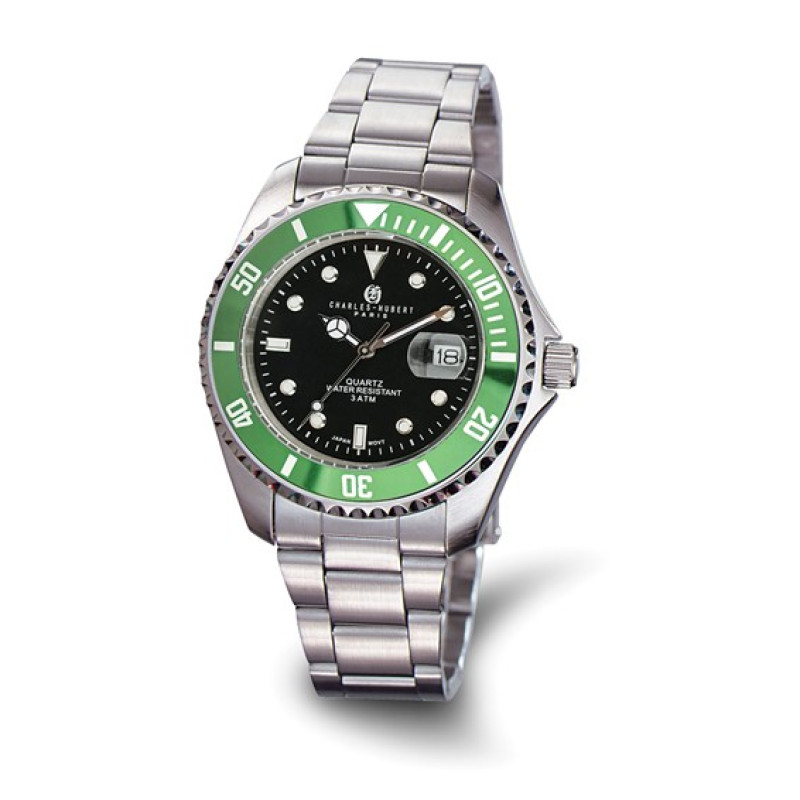 Charles Hubert Stainless Steel Black Dial Green Bezel Watch