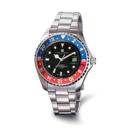 Charles Hubert Stainless Steel Black Dial Red/Blue Bezel Watch