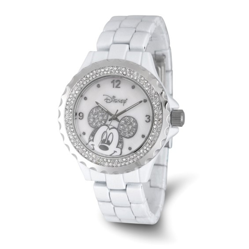 Disney Mickey Mouse Women's White Enamel Sparkle Alloy Watch